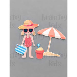 Peut inclure: Une illustration en papier d&eacute;coup&eacute; repr&eacute;sentant un personnage portant un chapeau de paille, des lunettes de soleil roses et un maillot de bain rouge &agrave; pois, tenant un sac ray&eacute; bleu et blanc, &agrave; c&ocirc;t&eacute; d'un seau rouge avec une pelle bleue et un parasol.