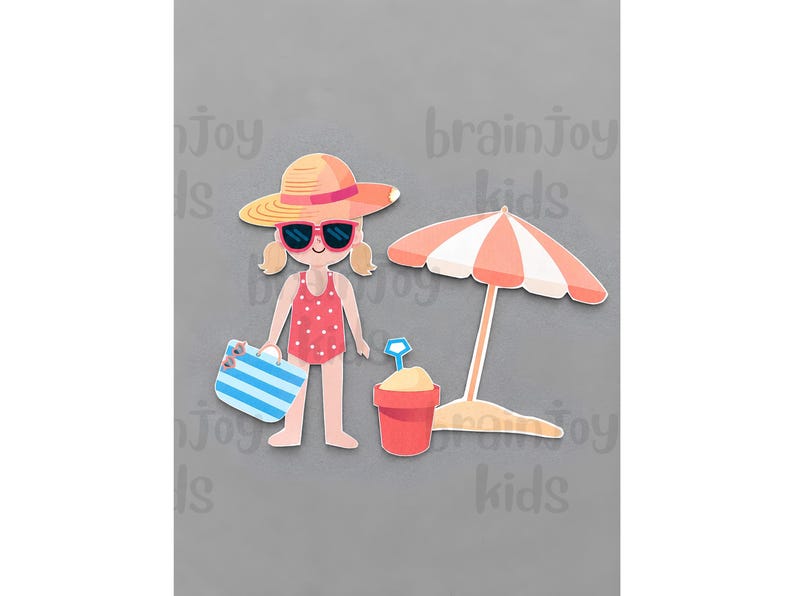 Peut inclure: Une illustration en papier d&eacute;coup&eacute; repr&eacute;sentant un personnage portant un chapeau de paille, des lunettes de soleil roses et un maillot de bain rouge &agrave; pois, tenant un sac ray&eacute; bleu et blanc, &agrave; c&ocirc;t&eacute; d'un seau rouge avec une pelle bleue et un parasol.