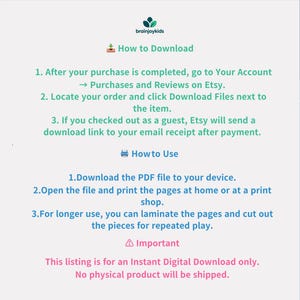 May include: A white background with instructions for downloading and using a digital product from Etsy. The text includes steps for downloading, printing, and laminating the pages for repeated use. The listing is for an instant digital download only.