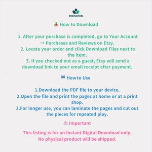 May include: A white and teal graphic with instructions on how to download and use a digital product from Etsy. The text includes steps for downloading, printing, and laminating the pages. The listing is for an instant digital download only.