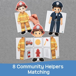 Könnte beinhalten: Ein Set aus Papierfiguren, die als Feuerwehrmann und Polizist verkleidet sind, sowie eine Faltkarte mit Illustrationen eines Feuerwehrautos, Schlauchs, einer Axt, eines Feuerlöschers, Hydranten und einer Leiter, beschriftet mit 8 Community Helpers Matching.