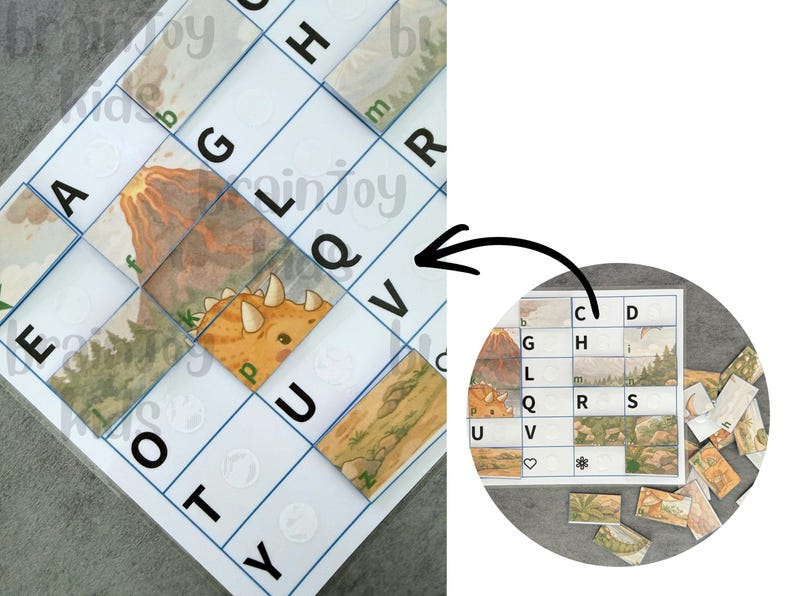 May include: A dinosaur-themed puzzle game with a grid of letters and images. The puzzle features a triceratops, volcano, and landscape illustrations. The game includes individual puzzle pieces and a reference guide. The letters A, E, G, L, Q, O, T, U, V, and Y are visible.