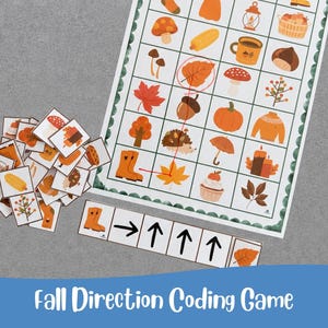 May include: A fall-themed educational coding game featuring a grid board with autumn icons, a pile of matching square cards, and a sequence strip with orange boots and black directional arrows. The text Fall Direction Coding Game is visible.