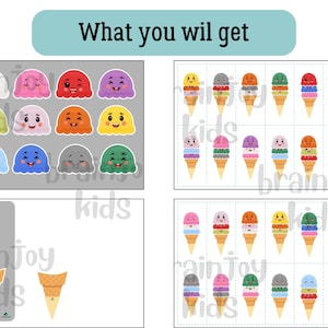 May include: A colorful educational game featuring ice cream cones and scoops with smiling faces. The image includes the text "What you wil get" and the word "kids". The game is designed for children.