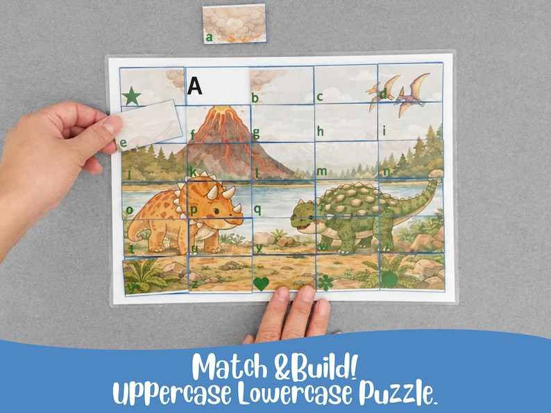 May include: A dinosaur-themed puzzle with uppercase and lowercase letters. The puzzle features illustrations of dinosaurs, a volcano, and a lake. The text "Match & Build! Uppercase Lowercase Puzzle" is at the bottom.