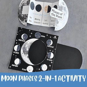 May include: A Moon Phases 2-in-1 activity set featuring a black square card with a circular cutout and illustrations of lunar cycles labeled with text, and a foldable white accordion-style paper strip showing moon phases and the text Phases of the Moon.