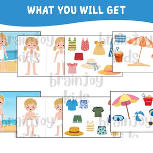 Peut inclure: Une feuille d'activit&eacute; num&eacute;rique intitul&eacute;e WHAT YOU WILL GET pr&eacute;sentant deux personnages de dessin anim&eacute; sur une plage. L'ensemble comprend divers v&ecirc;tements illustr&eacute;s, chapeaux, maillots de bain, parasols, seaux, lunettes et ballons.