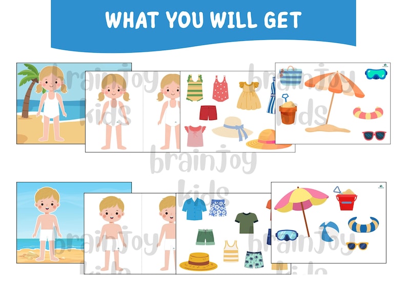 Peut inclure: Une feuille d'activit&eacute; num&eacute;rique intitul&eacute;e WHAT YOU WILL GET pr&eacute;sentant deux personnages de dessin anim&eacute; sur une plage. L'ensemble comprend divers v&ecirc;tements illustr&eacute;s, chapeaux, maillots de bain, parasols, seaux, lunettes et ballons.
