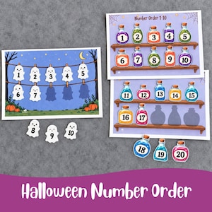 Puede incluir: Tres hojas de actividades educativas con temas de Halloween. Una hoja muestra fantasmas en un tendedero con los números 1-7 y fantasmas sueltos 8-10. Dos hojas muestran frascos de pociones en estantes con los números 1-17 y frascos 18-20.