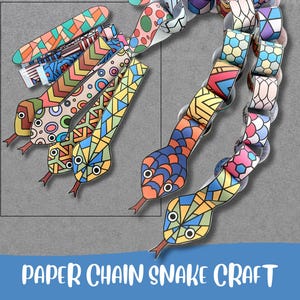Puede incluir: Una colección de serpientes de cadena de papel con varios patrones geométricos y abstractos coloridos. Cada serpiente tiene una cabeza distintiva con una lengua puntiaguda y un cuerpo construido con bucles de papel entrelazados en tonos azul, naranja, amarillo, rosa y verde.