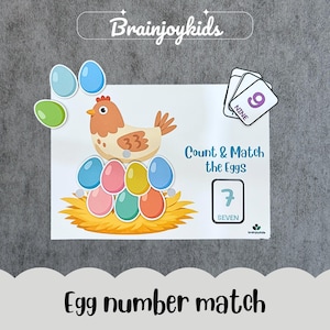 May include: A children's educational game featuring a hen with colorful eggs and number cards. The text "Count & Match the Eggs" and "Egg number match" are displayed. The game includes eggs in various colors and numbers.