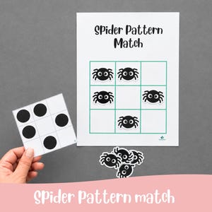 Peut inclure: Une fiche d'activité éducative Spider Pattern Match présentant une grille de trois par trois avec des icônes d'araignées noires. Une carte carrée séparée affiche un motif correspondant de cercles noirs. Des découpes d'araignées sont incluses.