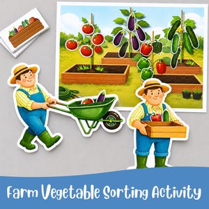 May include: A vibrant illustration depicting a farm vegetable sorting activity. The image shows a farmer with a wheelbarrow and another holding a wooden crate. The background features a garden with tomatoes, aubergines, peppers, and cucumbers.