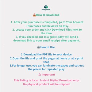 Peut inclure: Un graphique d'instructions pour un t&eacute;l&eacute;chargement num&eacute;rique avec le logo brainjoykids. Il d&eacute;taille les &eacute;tapes pour t&eacute;l&eacute;charger des fichiers depuis Etsy, des instructions pour imprimer et plastifier des pages PDF, et un avis de produit num&eacute;rique.