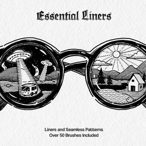 May include: Black and white illustration of eyeglasses with detailed scenes inside the lenses. One lens depicts an alien abduction, the other a mountain landscape. The text "Essential Liners" is at the top.