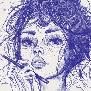 May include: Illustration of a woman's face with blue pen strokes, holding a pen. The text "Ballpoint Express" is above the woman's face. The image also includes the text "Brushapes Studio" and "affinity brushes brushapes.com".
