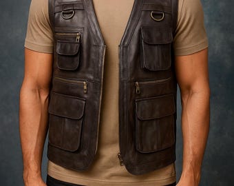Herren Braune Ledernutzweste - Handgefertigte Multi Pocket Bikerweste