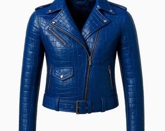 Blaue Bikerjacke aus Leder mit Krokodilmuster - Moto-Jacke mit Gürtel