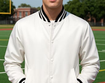 Chaqueta universitaria blanca para hombre, chaqueta de béisbol Letterman, chaqueta bomber y chaqueta, ropa deportiva minimalista.