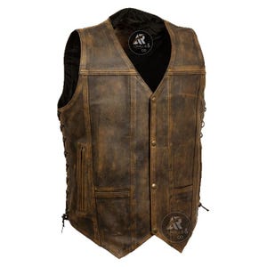 Chaleco de motociclista para hombre de cuero marrón envejecido – Corte motero vintage, cordones laterales