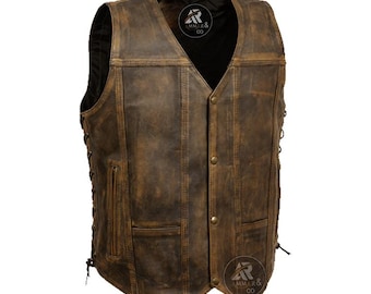 Brunt läderväst i slitet läder för män – Vintage biker-snitt, snörningar i sidan
