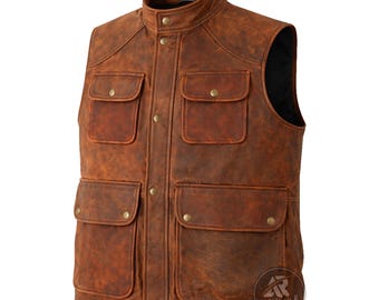Colete Safari Masculino Vintage em Couro Marrom | Colete Tático Utilitário | Colete em Couro Legítimo com Acabamento Envelhecido