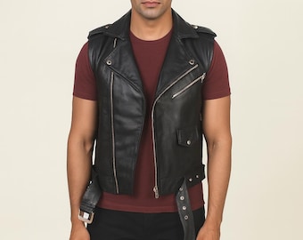 Men's Black Leather Biker Vest | Sleeveless Motorcycle Jacket