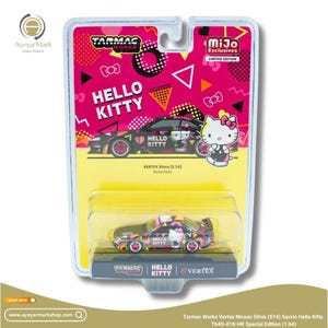 May include: A Tarmac Works Vertex Nissan Silvia (S14) Sanrio Hello Kitty diecast car in a clear plastic case. The car is black with Hello Kitty graphics and pink accents. The packaging features the Hello Kitty logo and the text "MiJo Exclusives Limited Edition."