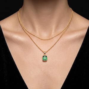 Emerald Green Rectangular Gemstone Layered Necklace, 18K Gold Minimalist Pendant Her