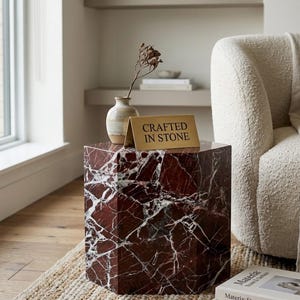 Rosso Levanto Marble Pedestal Cube, Artisan Stone Side Table, Sculptural Accent Furniture