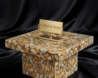 Yellow Agate Square Coffee Table, Natural Amber Honey Geode Slice Low Center Table with Matching Monolith Plinth Base