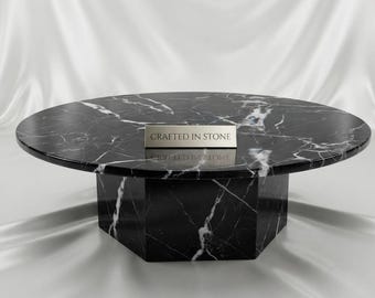 Nero Marquina Marble Coffee Table, Round Top Hexagonal Pedestal Center Table