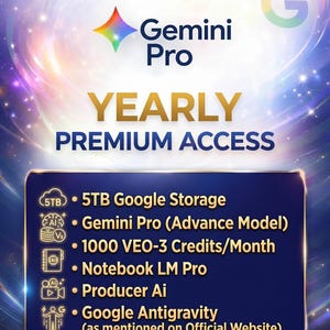 May include: A promotional graphic for Google Gemini Pro Yearly Premium Access. The image features the Google logo, Gemini Pro branding, and a list of features including 5TB Google Storage, Gemini Pro (Advance Model), and Producer AI. The text "Instant Activation Available" is also present.