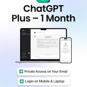 May include: An advertisement for ChatGPT Plus, offering one month of access. The image features a laptop and smartphone displaying the ChatGPT interface. Text includes "Private Access on Your Email," "Login on Mobile & Laptop," and "Fast Delivery."