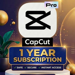 May include: Promotional image for CapCut Pro, featuring the app's logo and text indicating a 1-year subscription. The design includes a white and black logo, a blue and gold banner, and the words "SAFE", "SECURE", and "INSTANT ACCESS".