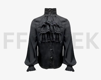 May include: Black button-down shirt with a high, ruffled collar and long sleeves. The shirt features a layered, lace-trimmed ruffle detail across the chest and ruffled cuffs. The shirt has a classic, gothic aesthetic.