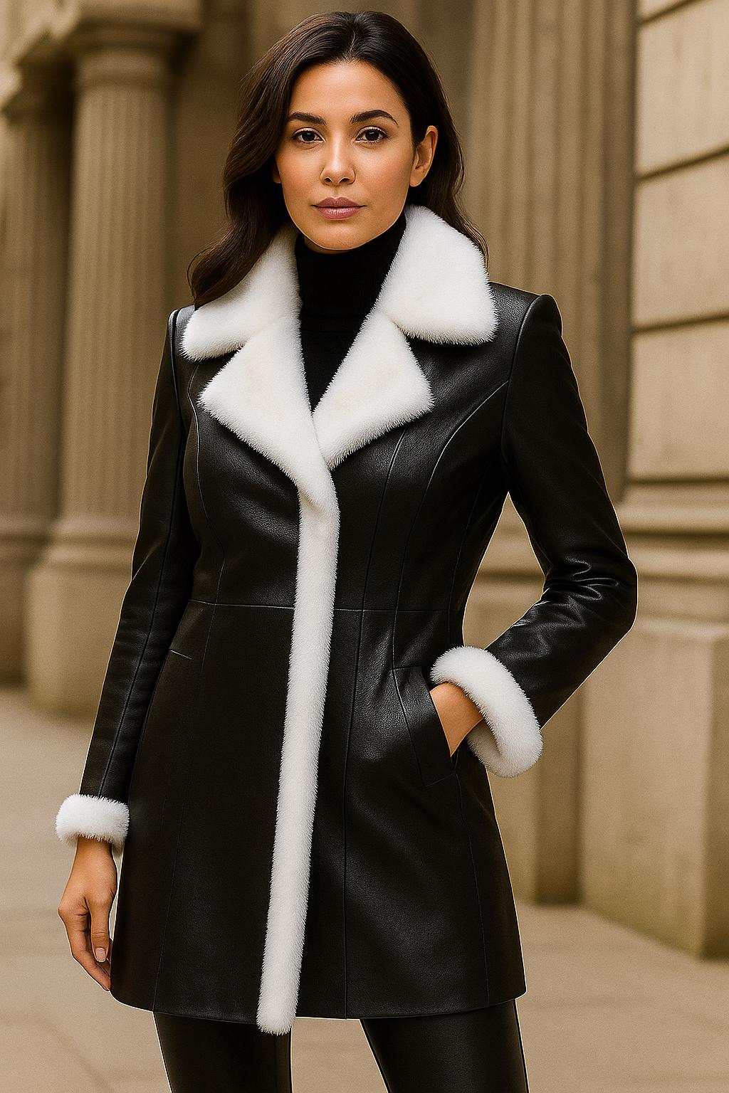 フェイクファーカラーのエレガントなブラックレザーコート｜レディース