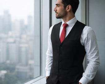 Slim fit smokingväst med ficka, herrväst för bröllop och balklänningar