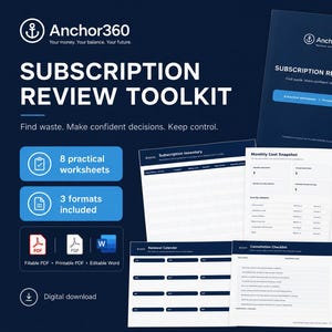 Op de afbeelding: De Anchor360 Subscription Review Toolkit is een digitale download met 8 praktische werkbladen in 3 formaten: invulbare PDF, printbare PDF en bewerkbaar Word-bestand. Het bevat een abonnementenoverzicht, maandelijkse kostenoverzicht, verlengingskalender en een opzegchecklist.