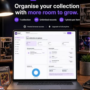 Può includere: Uno schermo di computer portatile che mostra l'interfaccia della dashboard di Anchor360 Stash Essentials. Lo schermo presenta un layout di gestione della collezione con sezioni per articoli, collezioni, una lista dei desideri e un riepilogo.