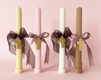 Beeswax Soy Paraffin Blend  Easter Candle – Lambatha Godchild Gift with Shimmer Cardstock Cross - Ribbed Candle