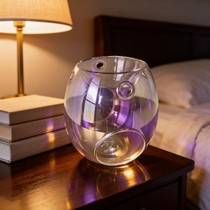 May include: An iridescent glass aromatherapy diffuser with circular openings. The spherical shape sits on a dark wooden nightstand, reflecting purple and gold hues. A lamp and books are in the background, suggesting a bedroom setting.