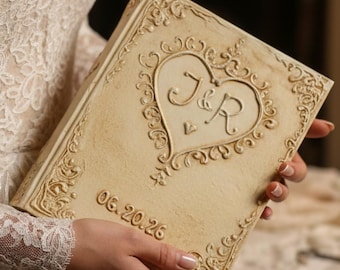 Luxury Bespoke guest book set, featuring Romantic Heart Filigree, custom initials