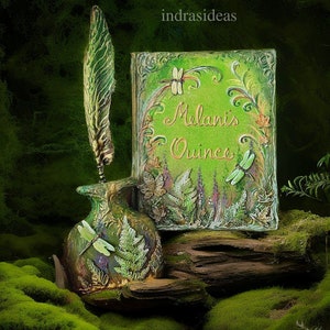 Enchanted Quince guest book with dragonfly, fairytale birthday  guest book, forest green journal, personalized blank  guest book and set