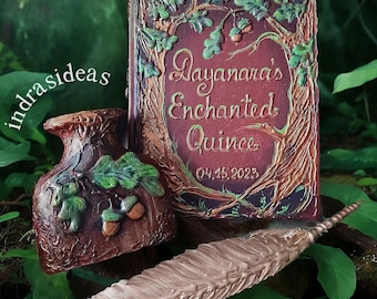 Enchanted Forest Quinceanera Guest Book, 3D Birthday gift - Personalized with Name & Date Hand Painted 3d sculpted Acorn Leaves Design.