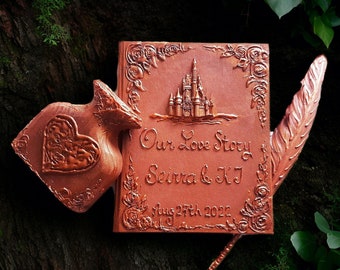 Copper rustic wedding guest book. Fairytale, Once upon a time guest book. Personalized Guest book with castle. Copper wedding idea.