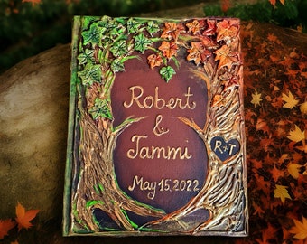 Personalized woodland wedding guest book. Enchanted forest autumn sign in journal for written wishes, custom  blank books and sets.