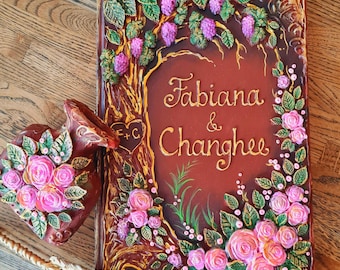 Fairy Tale Wedding Guest Book, Medieval Tree of Life with custom Initials, 3D Pink roses  Personalized Gift for Couple.