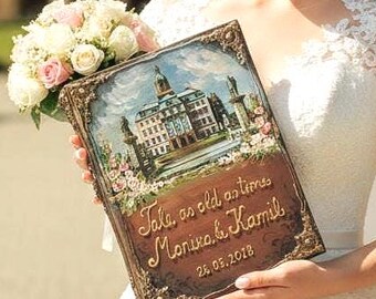 Hand Painted 3D Castle Wedding Guestbook from Photo, Custom Venue Illustration guest book.