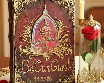 Luxury Wedding Guest Book, Enchanted Rose in Dome Journal, Personalized Fairy Tale Keepsake.